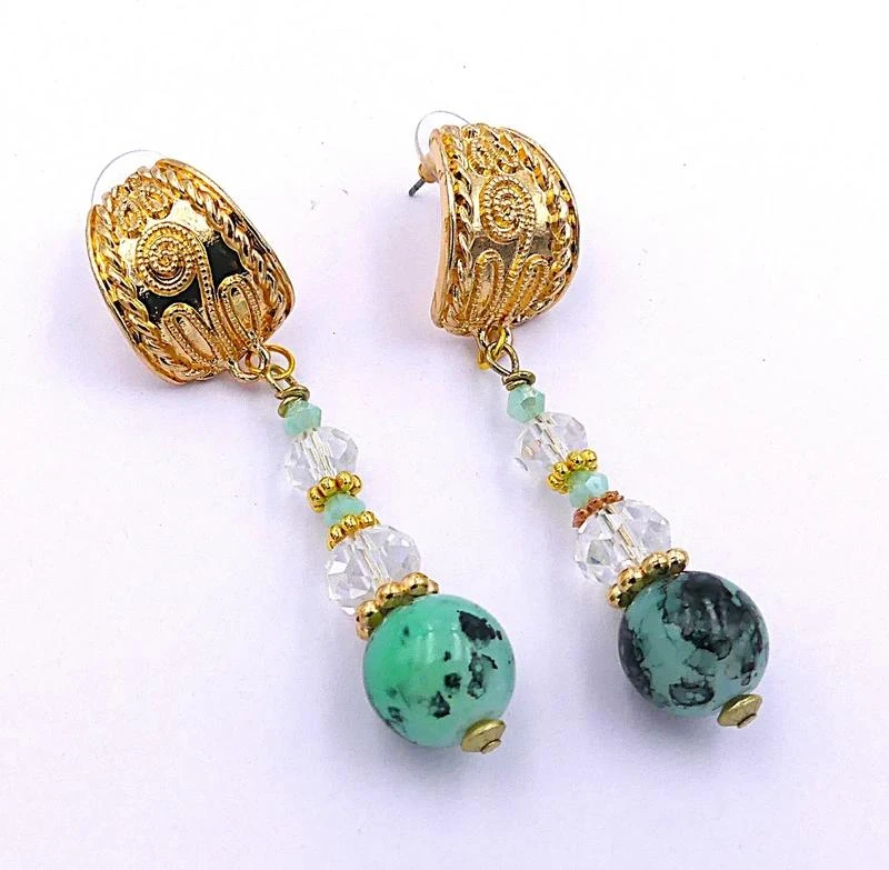Boucles d'oreilles bohèmes, plaqué or, perles verre, esprit vintage